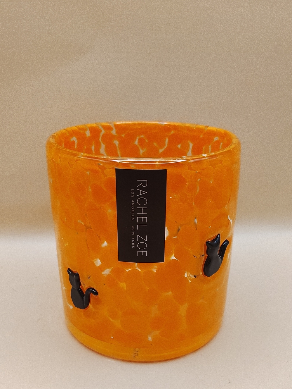 NEW Rachel Zoe Orange Specked Blown Glass Black Cat Motif Drinking Glass